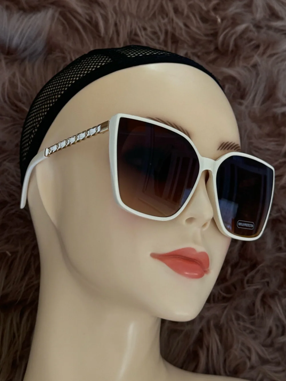 Futuristic sunglasses white cat eye brown lens gold chain style accents